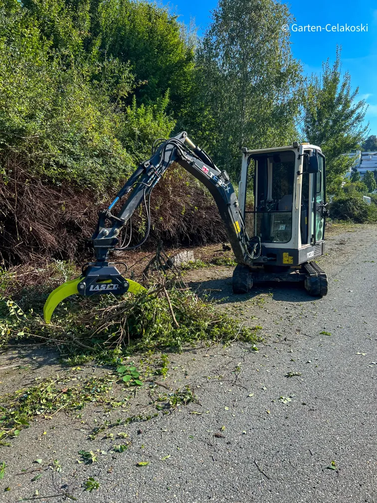 Bei diesen Bild sehen sie unseren zwei (2) Tonnen Bagger bei Sträucherentfernung sowie Heckenentfernung